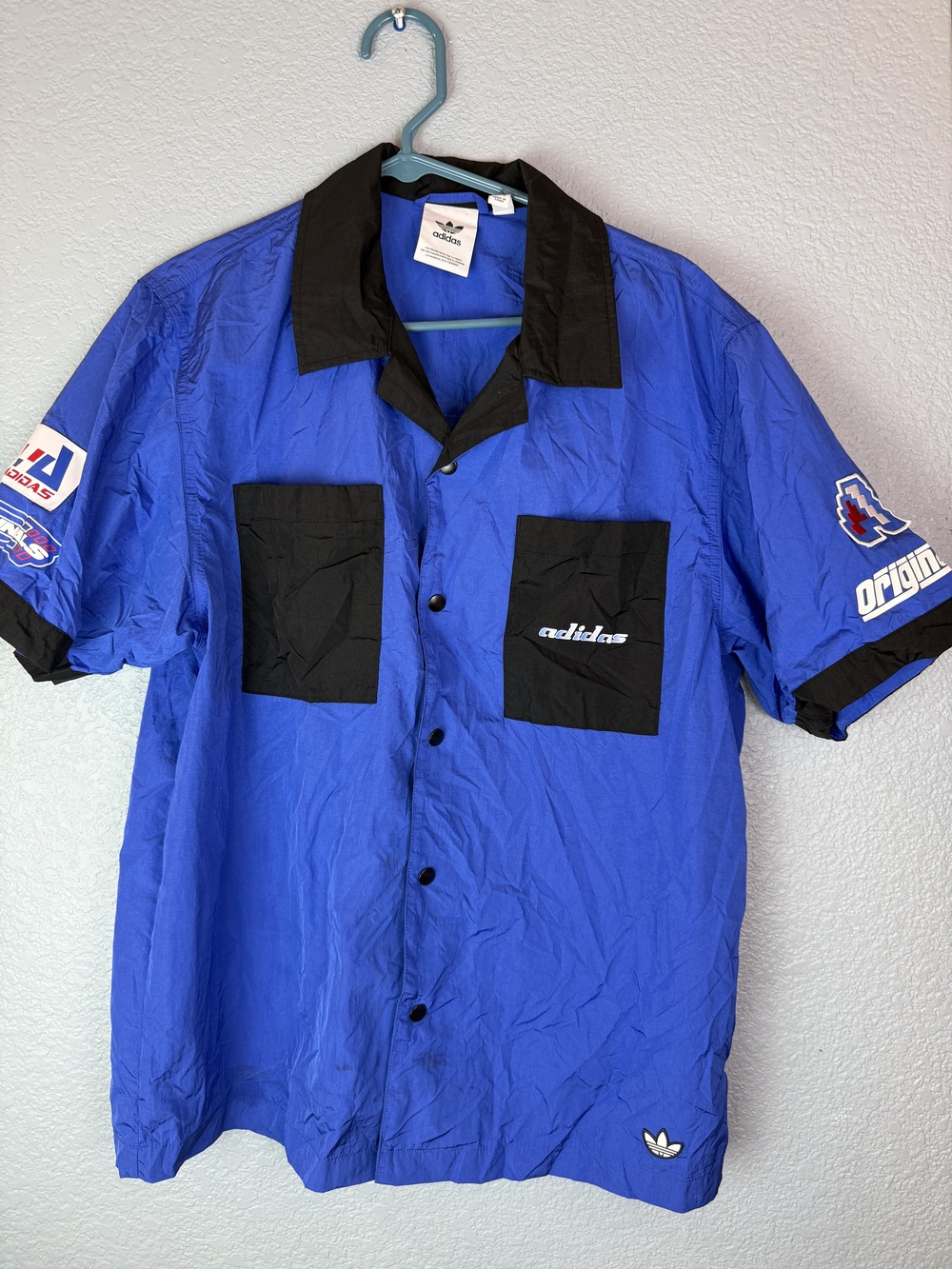 Adidas Originals Shirt Mens Medium Blue Black Racing Patch Button Up HA4744 2021